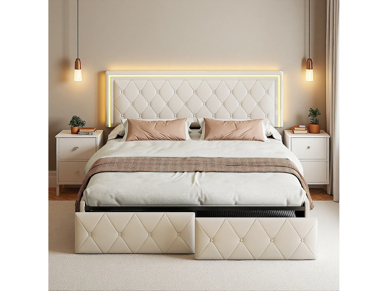 Lit Double 140x200 avec Rangement, Tiroirs et Bandeau LED RGB - Commande APP, Cuir PU Blanc, Cadre Métallique Noir, Moderne