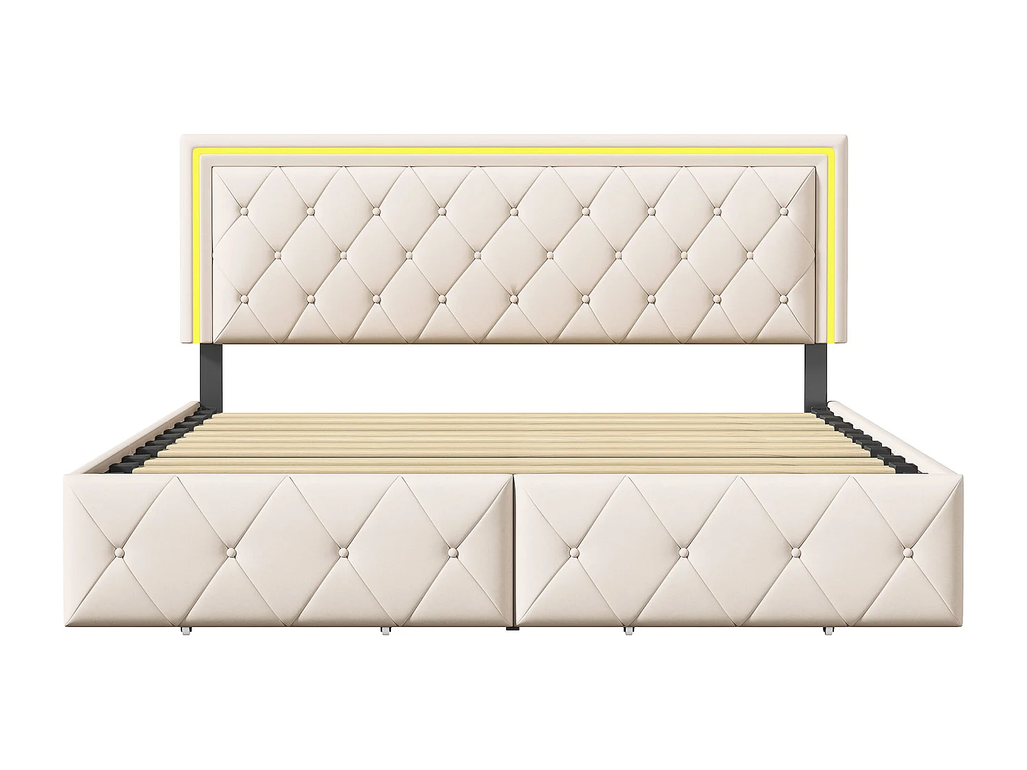Lit Double 140x200 avec Rangement, Tiroirs et Bandeau LED RGB - Commande APP, Cuir PU Blanc, Cadre Métallique Noir, Moderne