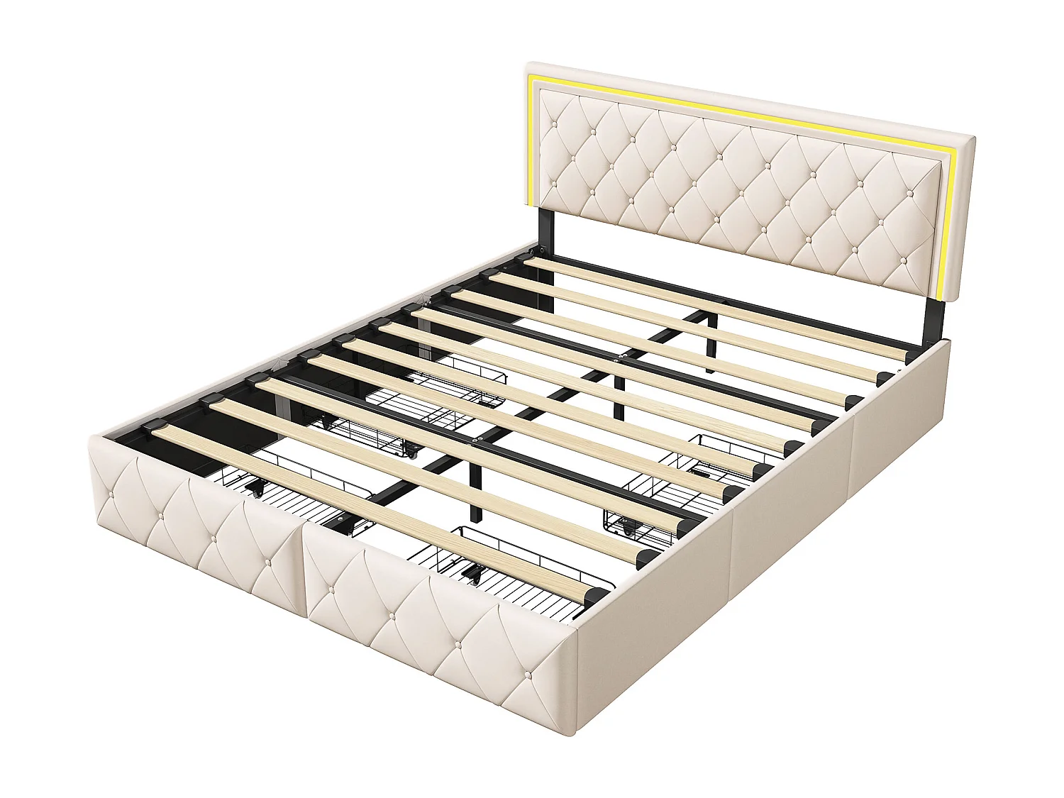 Lit Double 140x200 avec Rangement, Tiroirs et Bandeau LED RGB - Commande APP, Cuir PU Blanc, Cadre Métallique Noir, Moderne