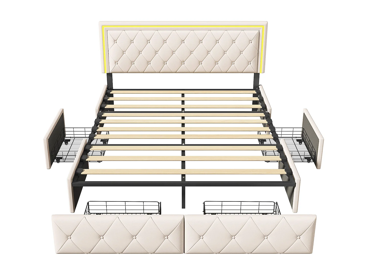 Lit Double 140x200 avec Rangement, Tiroirs et Bandeau LED RGB - Commande APP, Cuir PU Blanc, Cadre Métallique Noir, Moderne