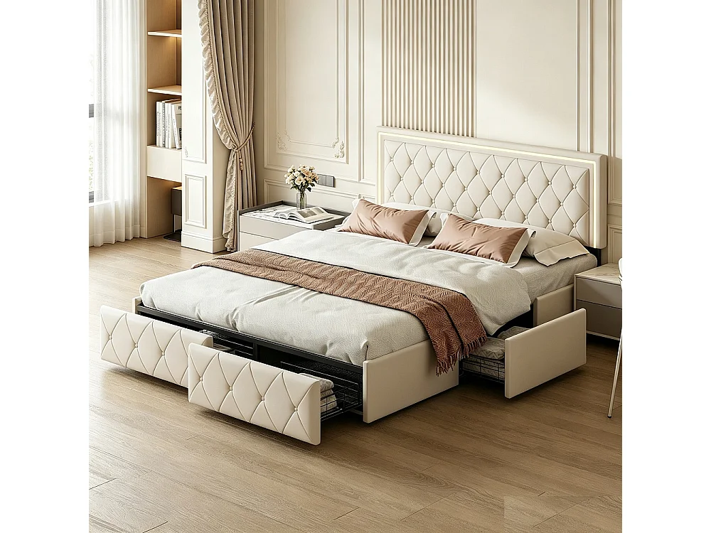 Lit Double 140x200 avec Rangement, Tiroirs et Bandeau LED RGB - Commande APP, Cuir PU Blanc, Cadre Métallique Noir, Moderne