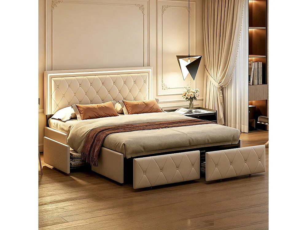 Lit Double 140x200 avec Rangement, Tiroirs et Bandeau LED RGB - Commande APP, Cuir PU Blanc, Cadre Métallique Noir, Moderne