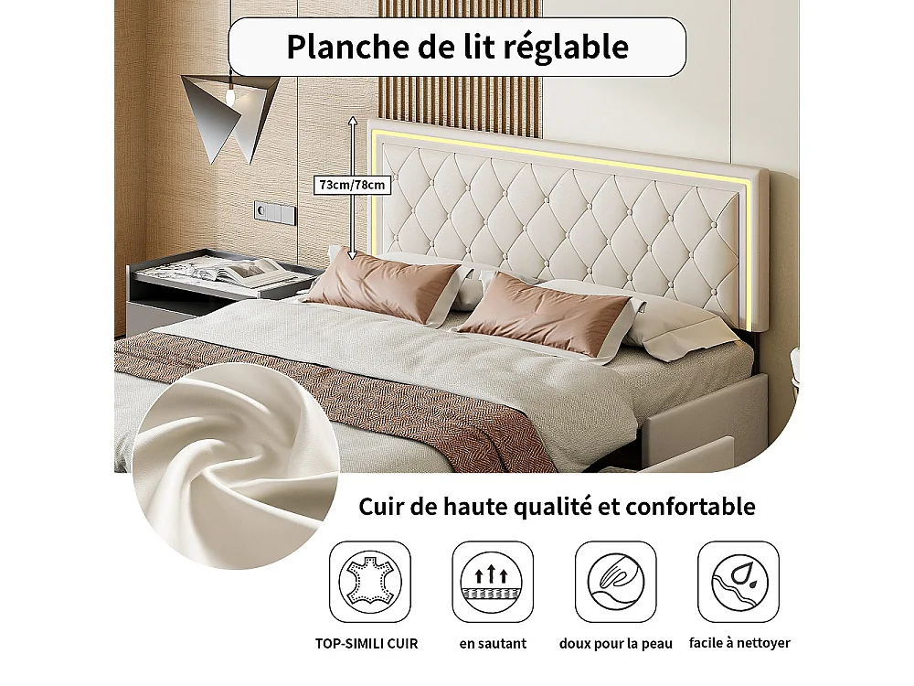 Lit Double 140x200 avec Rangement, Tiroirs et Bandeau LED RGB - Commande APP, Cuir PU Blanc, Cadre Métallique Noir, Moderne