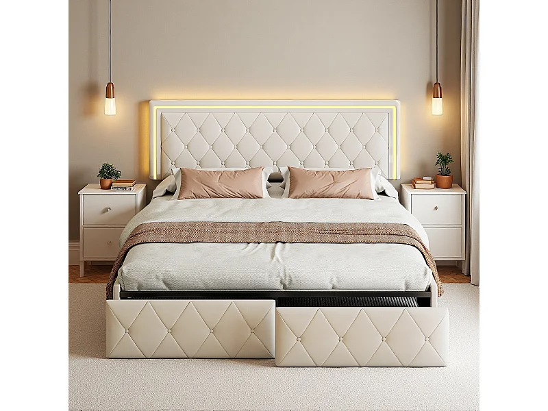 Lit Double 140x200 avec Rangement, Tiroirs et Bandeau LED RGB - Commande APP, Cuir PU Blanc, Cadre Métallique Noir, Moderne