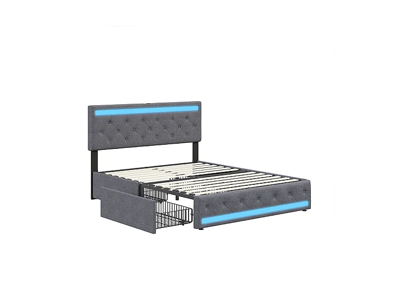 Lit double avec rangements, 180x200 cm, LED RGB intelligent, Tissu Lin, 4 grands tiroirs, Design moderne Gris foncé