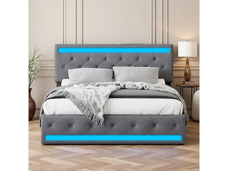 Lit double avec rangements, 180x200 cm, LED RGB intelligent, Tissu Lin, 4 grands tiroirs, Design moderne Gris foncé