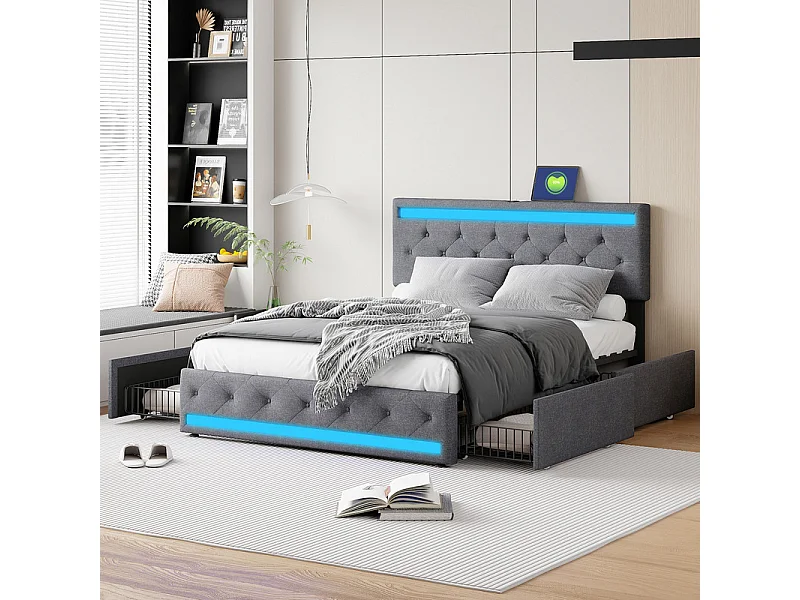 Lit double avec rangements, 180x200 cm, LED RGB intelligent, Tissu Lin, 4 grands tiroirs, Design moderne Gris foncé