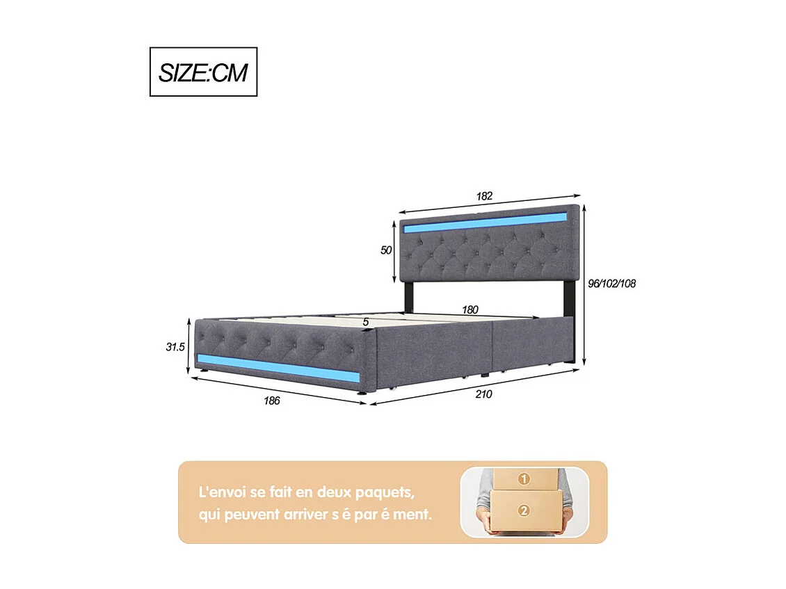 Lit double avec rangements, 180x200 cm, LED RGB intelligent, Tissu Lin, 4 grands tiroirs, Design moderne Gris foncé