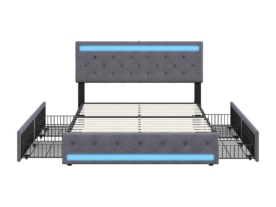 Lit double avec rangements, 180x200 cm, LED RGB intelligent, Tissu Lin, 4 grands tiroirs, Design moderne Gris foncé