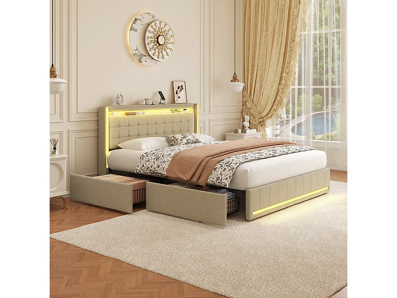 Lit Double 160x200 cm avec Tiroirs, Lit à Rangements Multiples, LED RGB et Chargeurs USB/USB-C, Tissu Lin Blanc, Lit Moderne avec Rangements Cachés