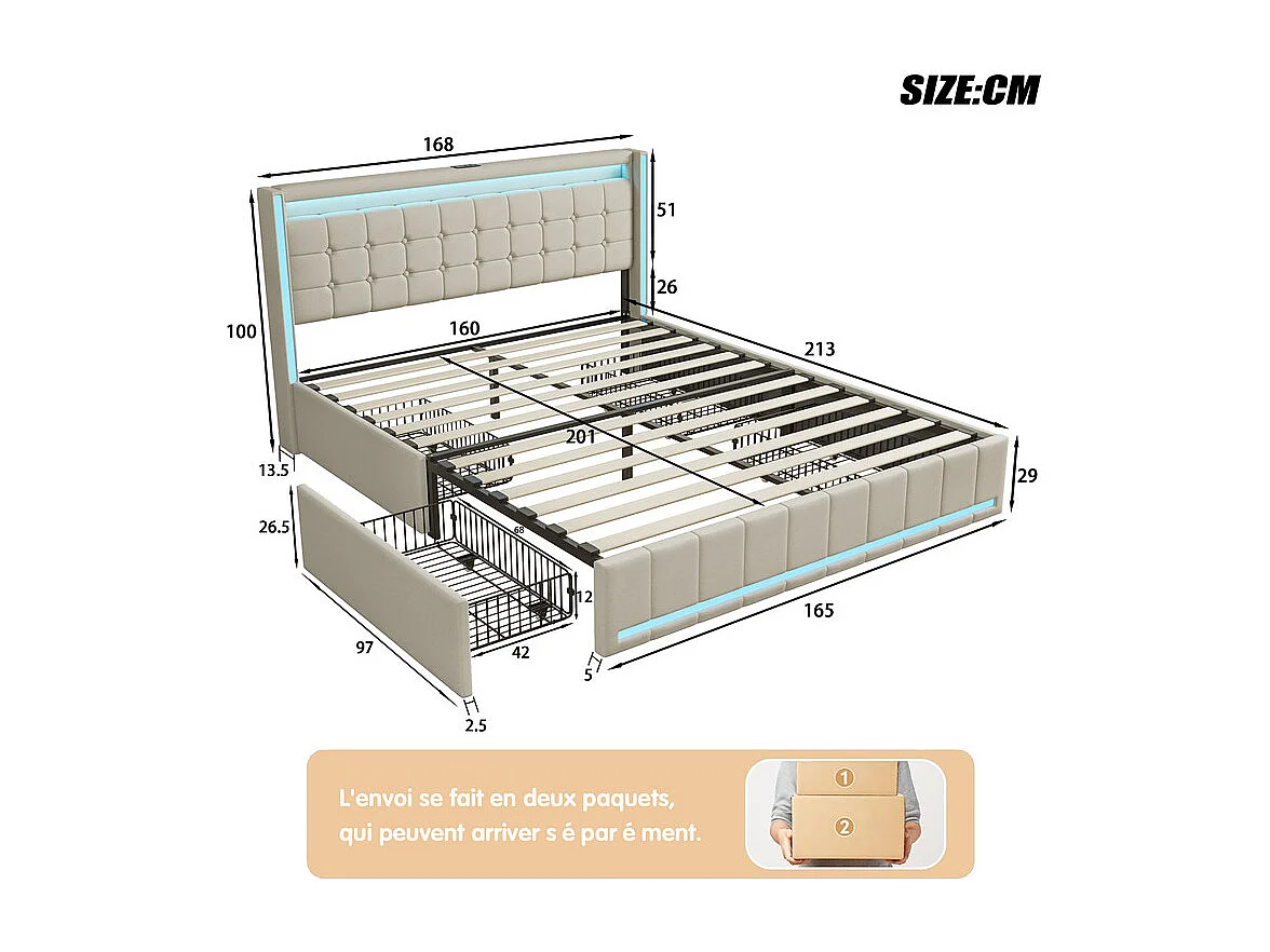 Lit Double 160x200 cm avec Tiroirs, Lit à Rangements Multiples, LED RGB et Chargeurs USB/USB-C, Tissu Lin Blanc, Lit Moderne avec Rangements Cachés