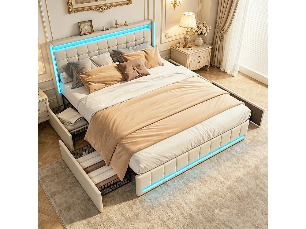 Modernes Lin Gepolstertes Bett mit LED-Beleuchtung, USB-Anschlüssen und 4 Aufbewahrungsschubladen - 160 x 200 cm