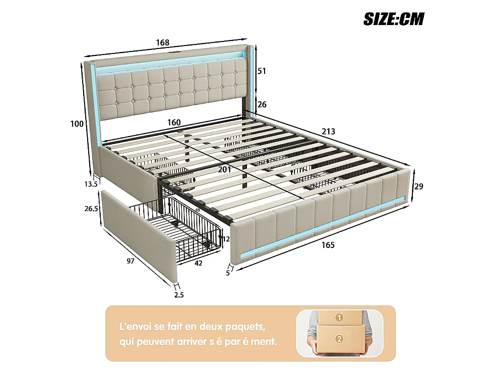 Modernes Lin Gepolstertes Bett mit LED-Beleuchtung, USB-Anschlüssen und 4 Aufbewahrungsschubladen - 160 x 200 cm