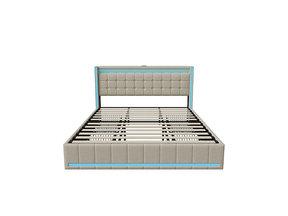 Modernes Lin Gepolstertes Bett mit LED-Beleuchtung, USB-Anschlüssen und 4 Aufbewahrungsschubladen - 160 x 200 cm