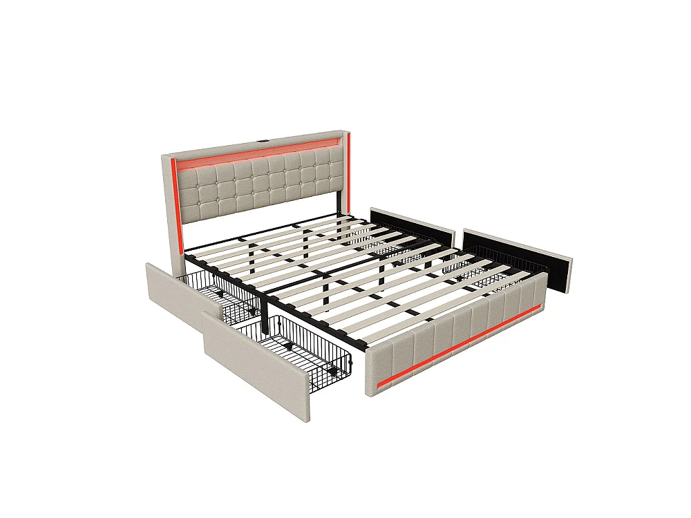 Modernes Lin Gepolstertes Bett mit LED-Beleuchtung, USB-Anschlüssen und 4 Aufbewahrungsschubladen - 160 x 200 cm