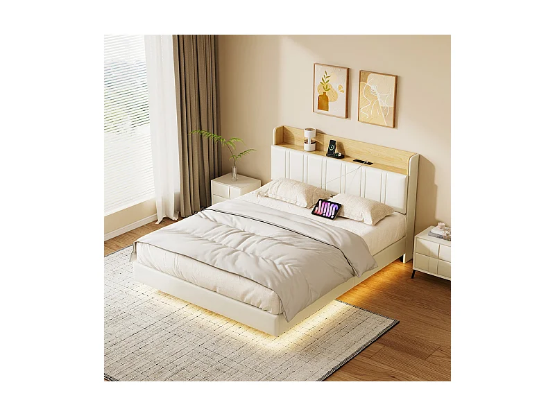 Lit Double Flottant 140x200 avec LED RGB - Tête de Lit Rangement, Chargeur USB/EU - Simili-Cuir Blanc - Design Moderne