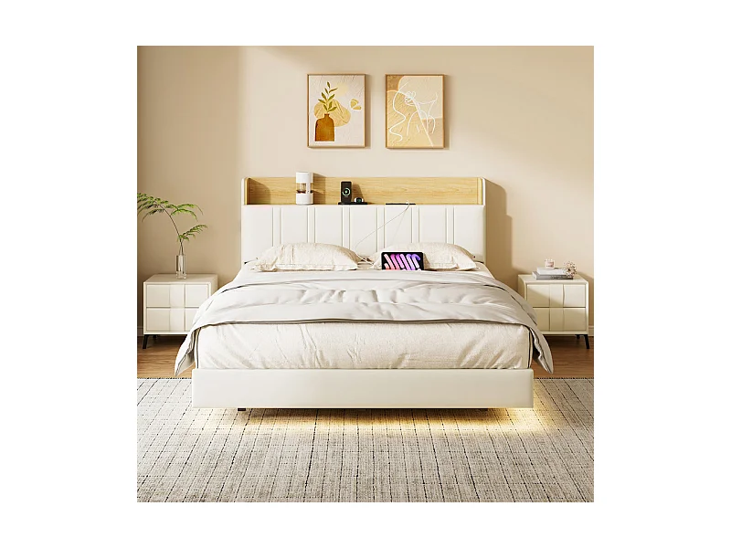 Lit Double Flottant 140x200 avec LED RGB - Tête de Lit Rangement, Chargeur USB/EU - Simili-Cuir Blanc - Design Moderne