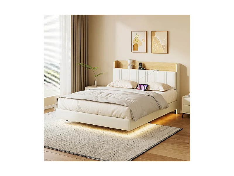 Lit Double Flottant 140x200 avec LED RGB - Tête de Lit Rangement, Chargeur USB/EU - Simili-Cuir Blanc - Design Moderne