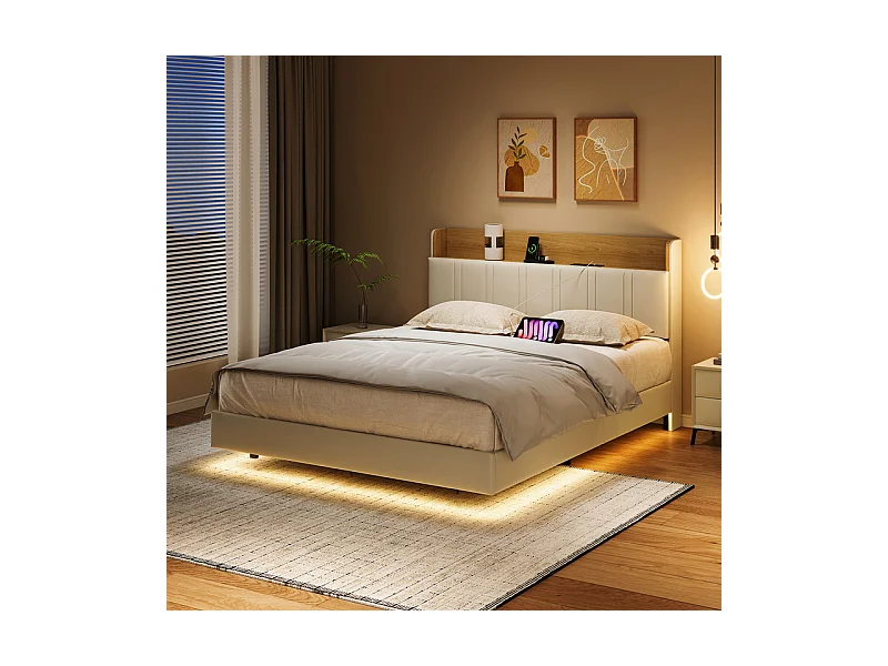 Lit Double Flottant 140x200 avec LED RGB - Tête de Lit Rangement, Chargeur USB/EU - Simili-Cuir Blanc - Design Moderne