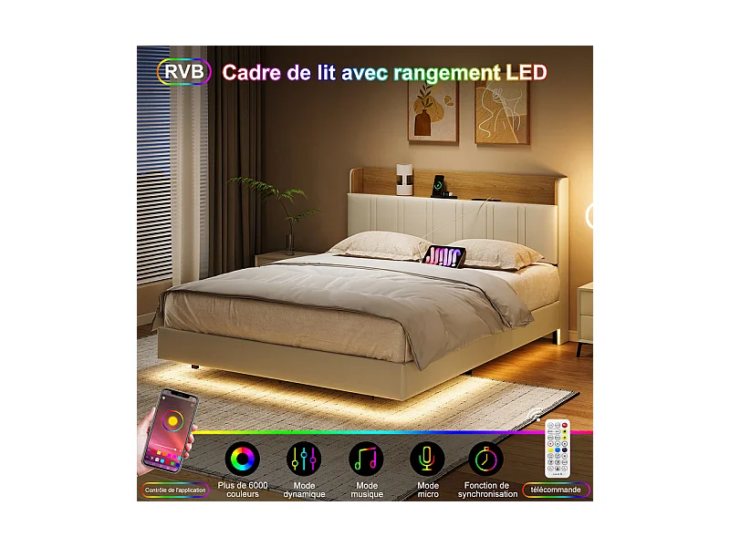 Lit Double Flottant 140x200 avec LED RGB - Tête de Lit Rangement, Chargeur USB/EU - Simili-Cuir Blanc - Design Moderne