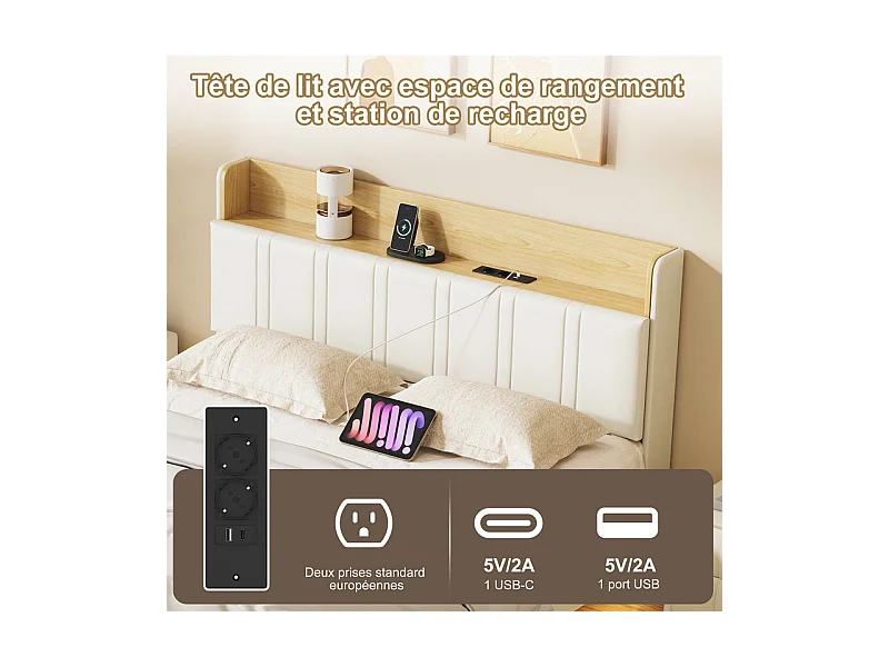 Lit Double Flottant 140x200 avec LED RGB - Tête de Lit Rangement, Chargeur USB/EU - Simili-Cuir Blanc - Design Moderne