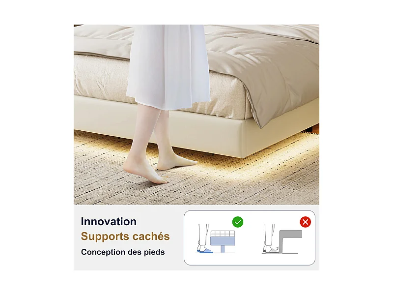 Lit Double Flottant 140x200 avec LED RGB - Tête de Lit Rangement, Chargeur USB/EU - Simili-Cuir Blanc - Design Moderne