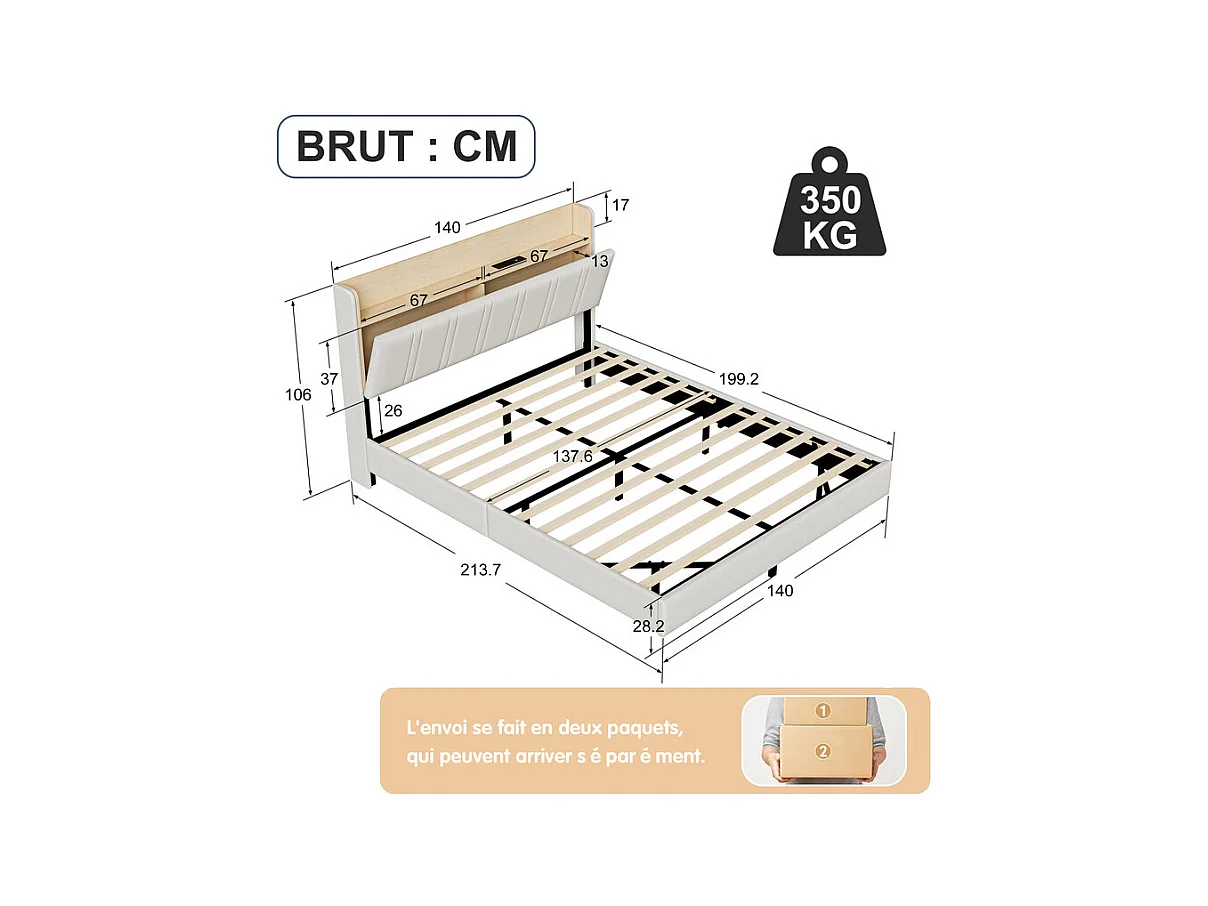 Lit Double Flottant 140x200 avec LED RGB - Tête de Lit Rangement, Chargeur USB/EU - Simili-Cuir Blanc - Design Moderne