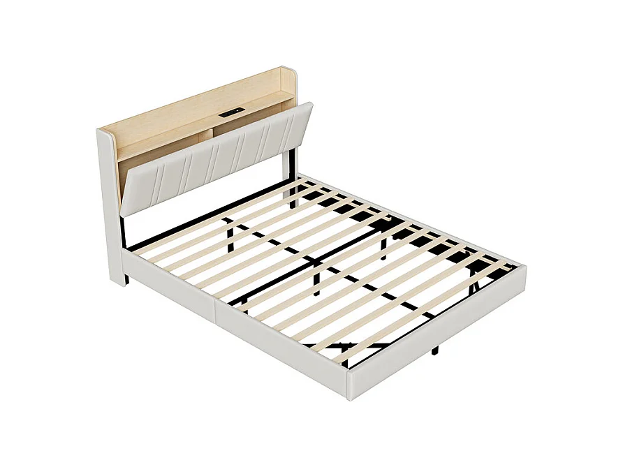 Lit Double Flottant 140x200 avec LED RGB - Tête de Lit Rangement, Chargeur USB/EU - Simili-Cuir Blanc - Design Moderne