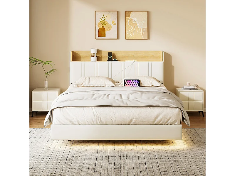 Lit Double Flottant 140x200 avec LED RGB - Tête de Lit Rangement, Chargeur USB/EU - Simili-Cuir Blanc - Design Moderne