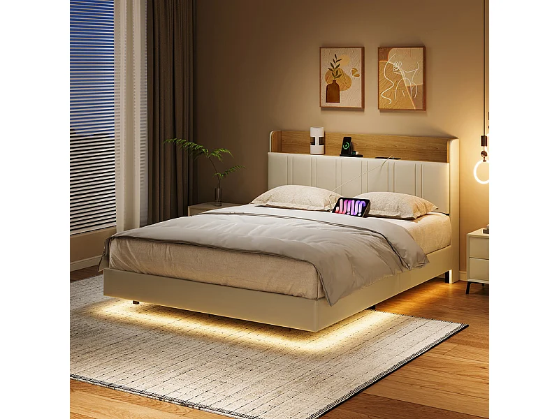 Lit Double Flottant 140x200 avec LED RGB - Tête de Lit Rangement, Chargeur USB/EU - Simili-Cuir Blanc - Design Moderne