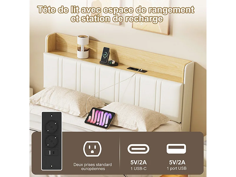 Lit Double Flottant 140x200 avec LED RGB - Tête de Lit Rangement, Chargeur USB/EU - Simili-Cuir Blanc - Design Moderne