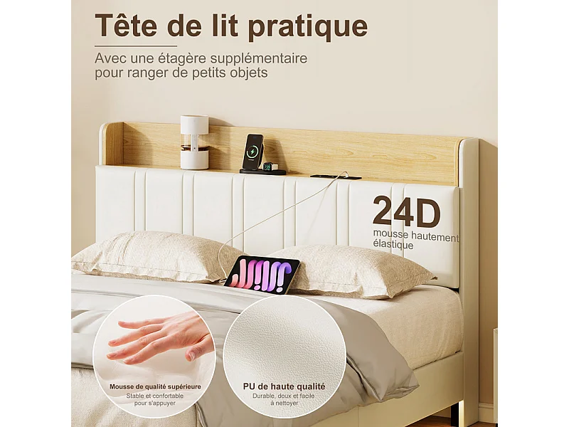 Lit Double Flottant 140x200 avec LED RGB - Tête de Lit Rangement, Chargeur USB/EU - Simili-Cuir Blanc - Design Moderne