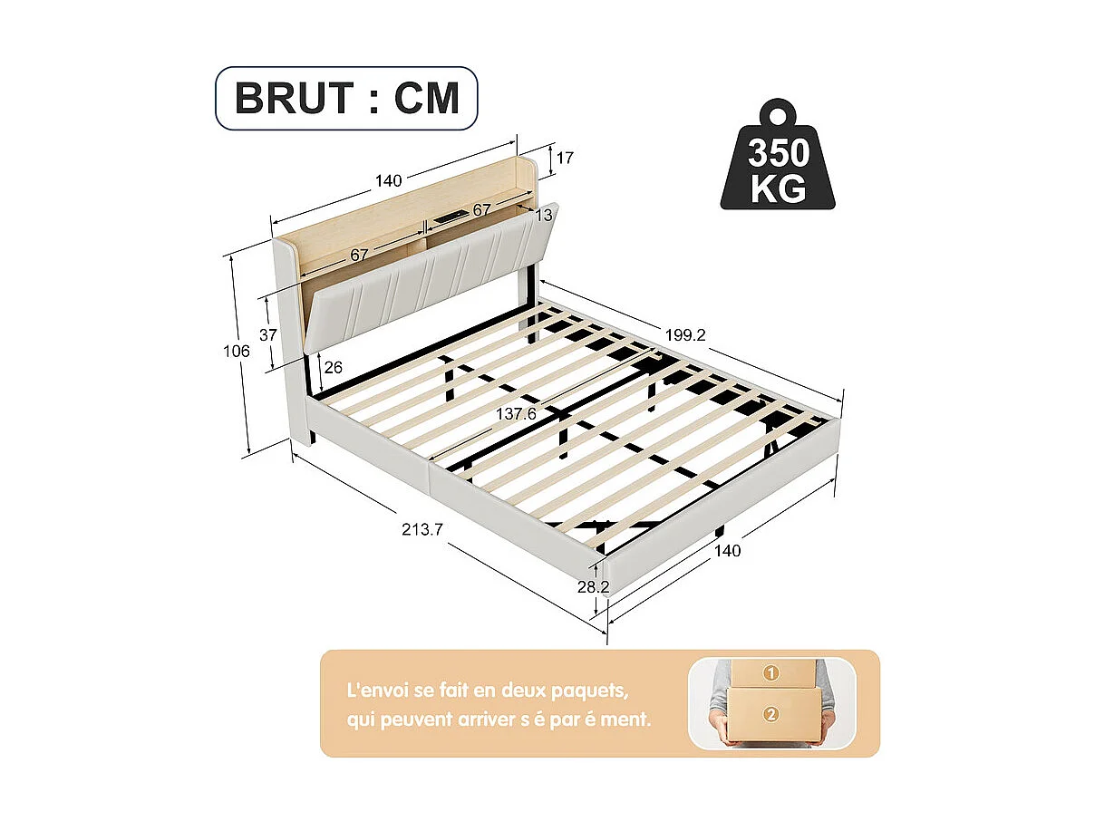 Lit Double Flottant 140x200 avec LED RGB - Tête de Lit Rangement, Chargeur USB/EU - Simili-Cuir Blanc - Design Moderne