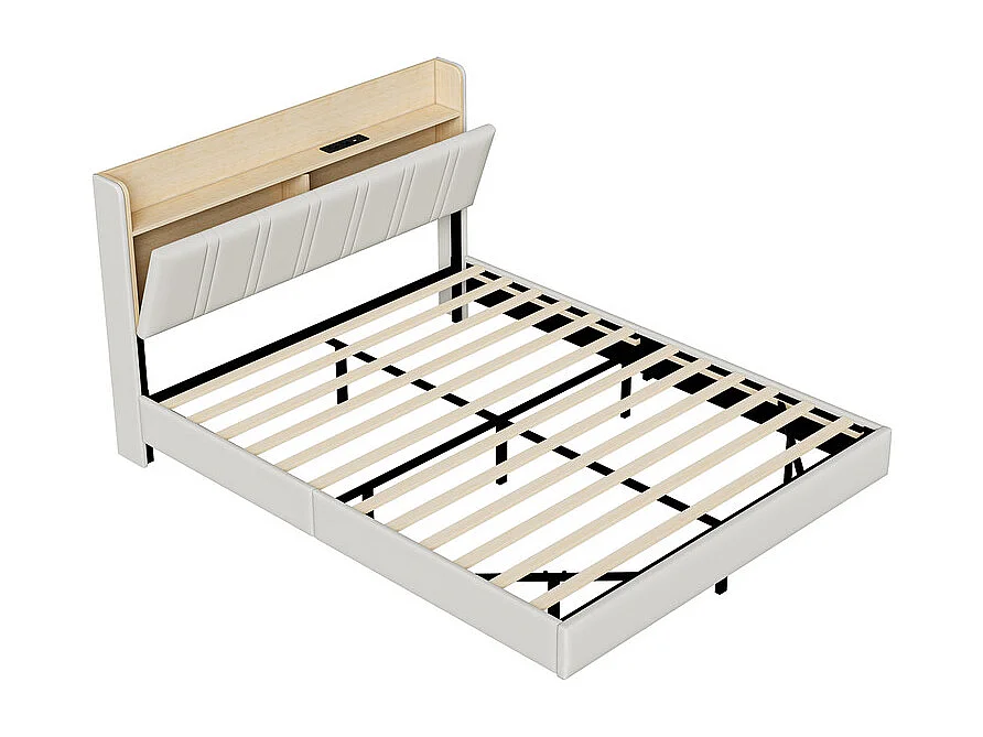 Lit Double Flottant 140x200 avec LED RGB - Tête de Lit Rangement, Chargeur USB/EU - Simili-Cuir Blanc - Design Moderne