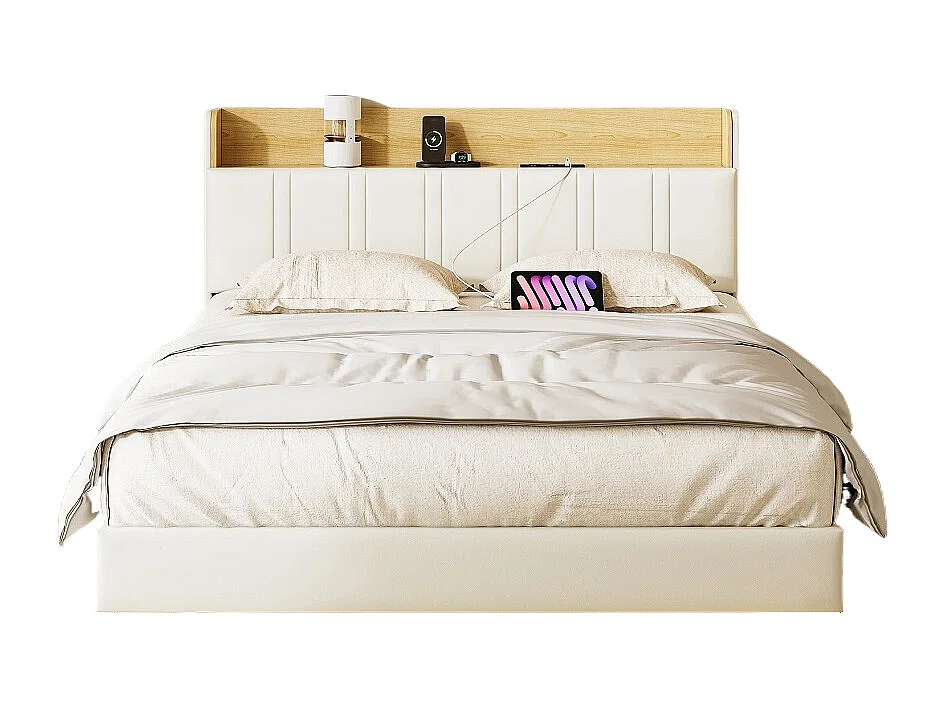 Lit Double Flottant 140x200 avec LED RGB - Tête de Lit Rangement, Chargeur USB/EU - Simili-Cuir Blanc - Design Moderne