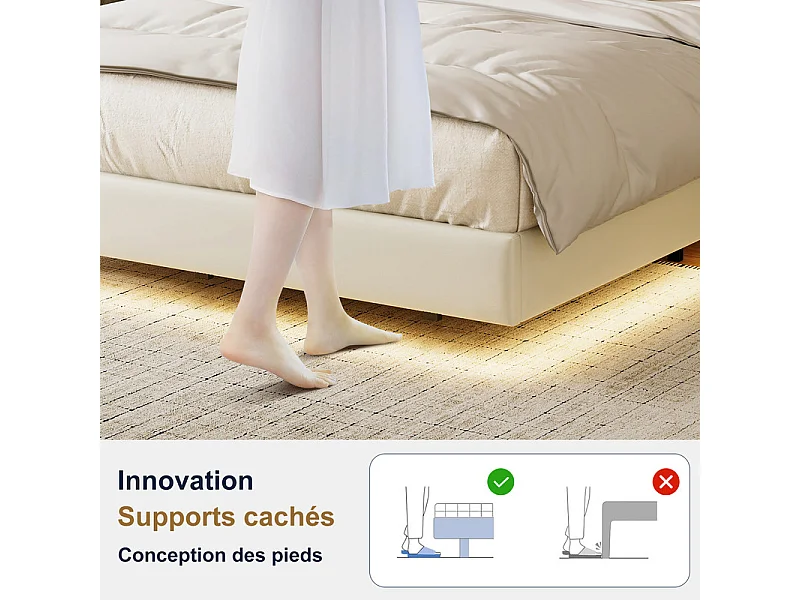 Lit Double Flottant 140x200 avec LED RGB - Tête de Lit Rangement, Chargeur USB/EU - Simili-Cuir Blanc - Design Moderne