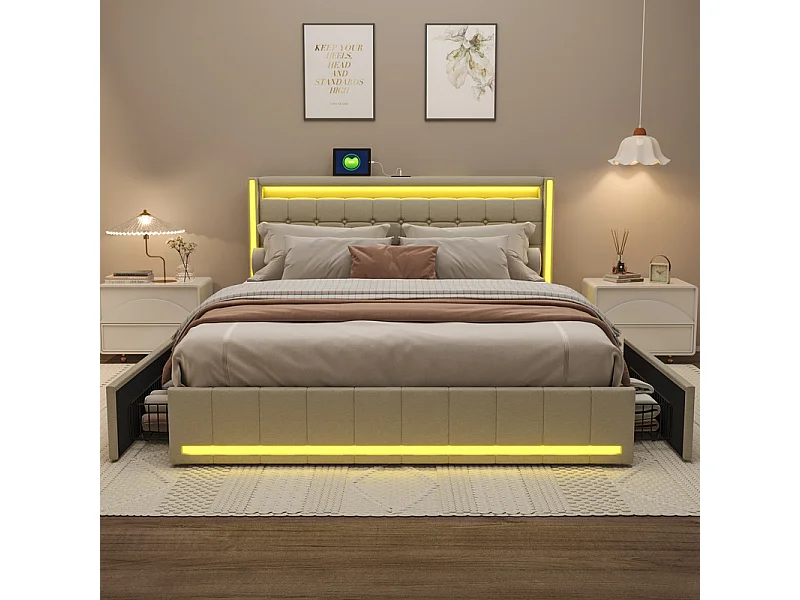 Lit Double 180x200 cm avec Tiroirs, Grand Lit à Rangements Multiples, LED RGB et Chargeurs USB/USB-C, Tissu Lin Blanc, Lit Moderne Espace