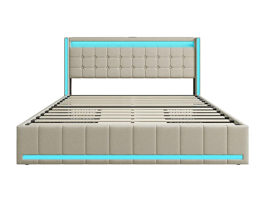 Lit Double 180x200 cm avec Tiroirs, Grand Lit à Rangements Multiples, LED RGB et Chargeurs USB/USB-C, Tissu Lin Blanc, Lit Moderne Espace