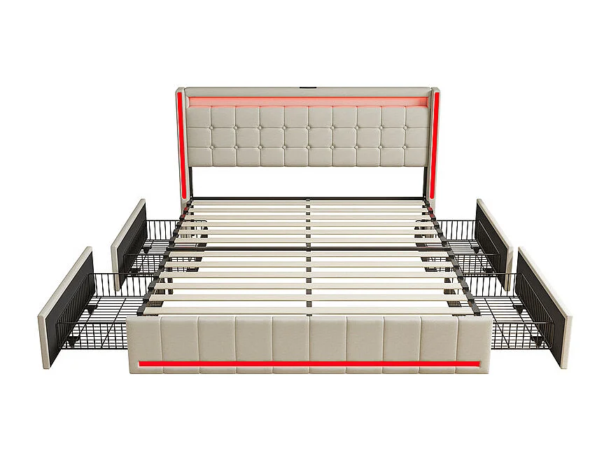 Lit Double 180x200 cm avec Tiroirs, Grand Lit à Rangements Multiples, LED RGB et Chargeurs USB/USB-C, Tissu Lin Blanc, Lit Moderne Espace