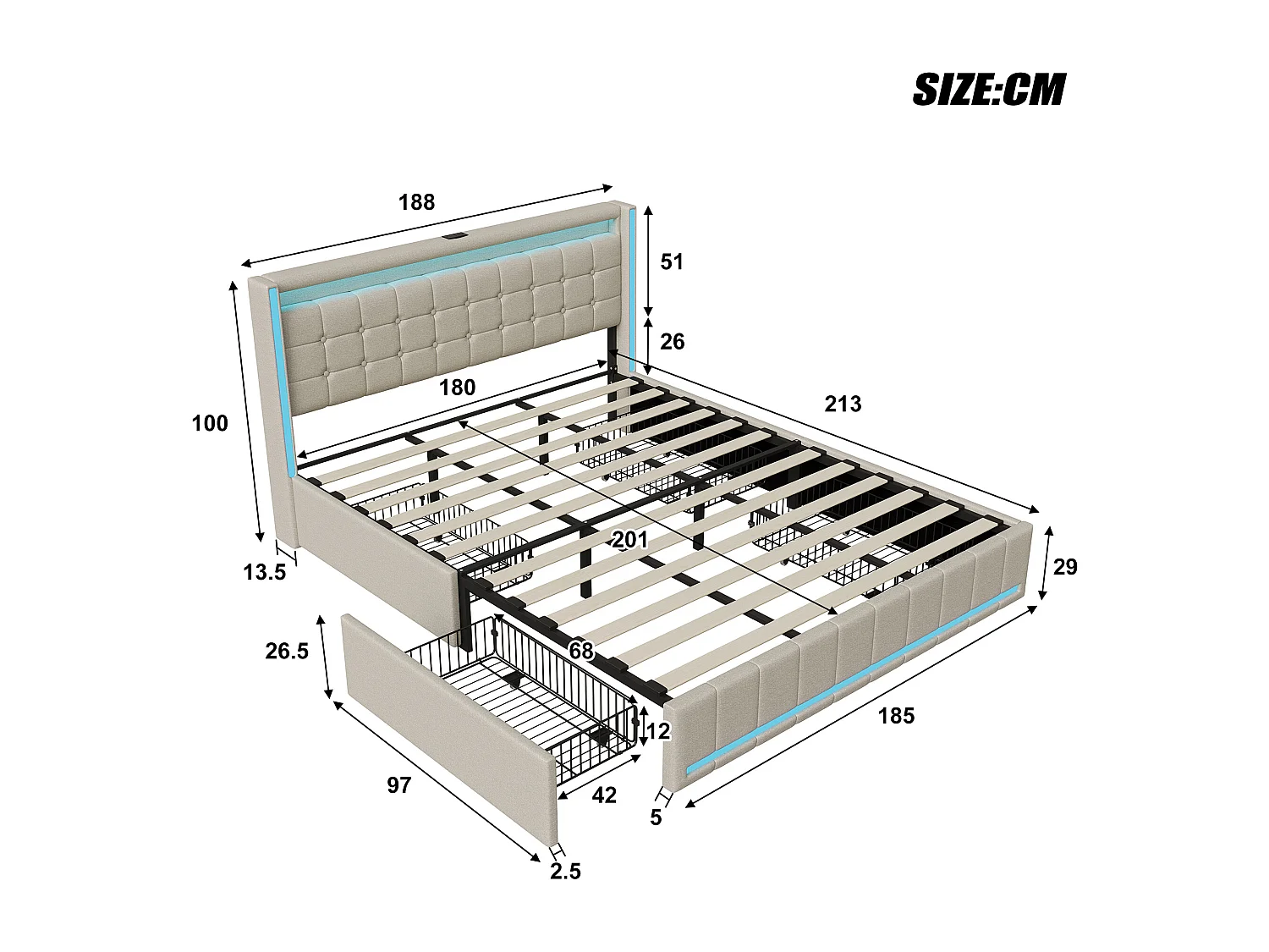 Łóżko podwójne 180x200 cm z 4 szufladami, oświetleniem LED RGB, portami USB, beżową tkaniną lnianą, metalową ramą i stelażem z listew