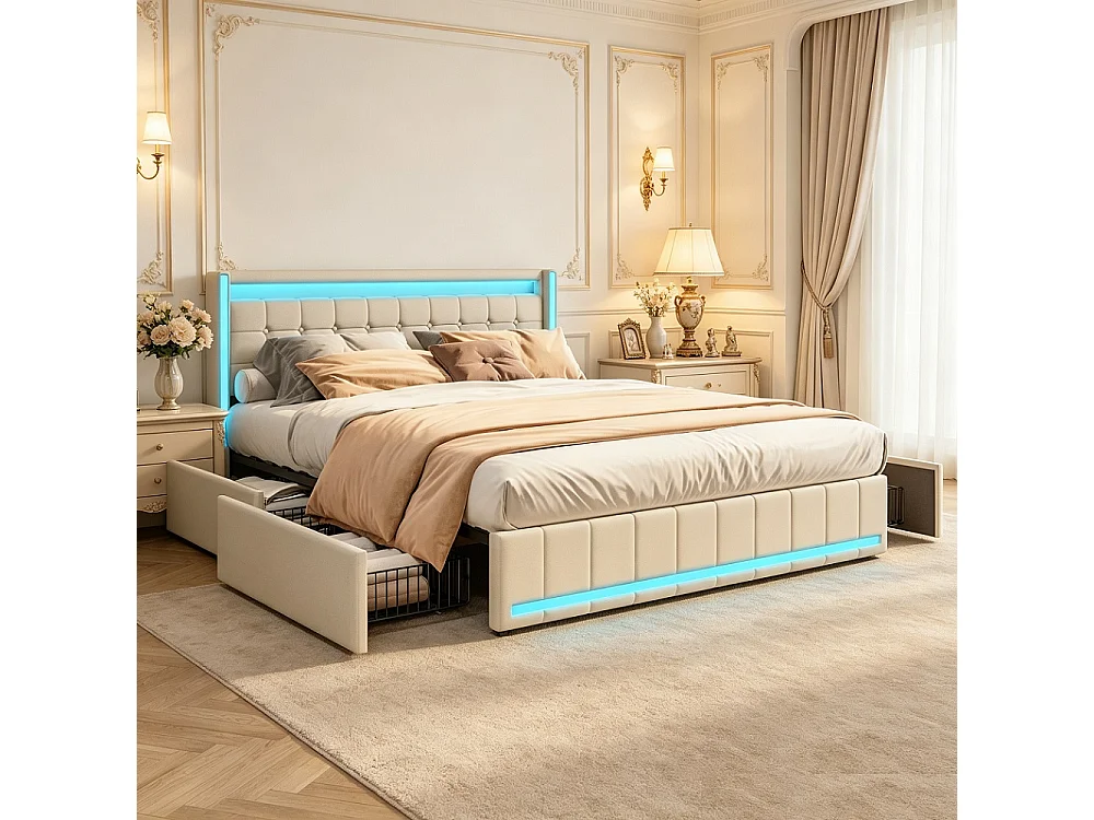 Cama doble 180x200 cm con 4 cajones, iluminación LED RGB, puertos USB, tela de lino beige, estructura metálica y somier de lamas