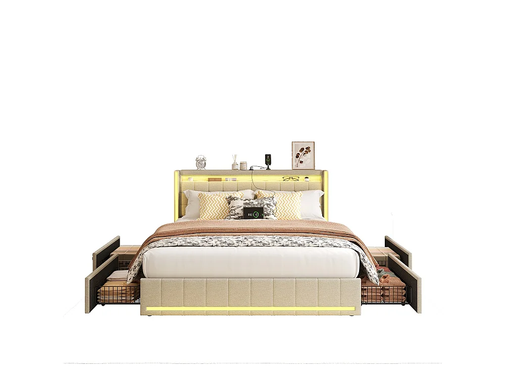 Cama doble 180x200 cm con 4 cajones, iluminación LED RGB, puertos USB, tela de lino beige, estructura metálica y somier de lamas