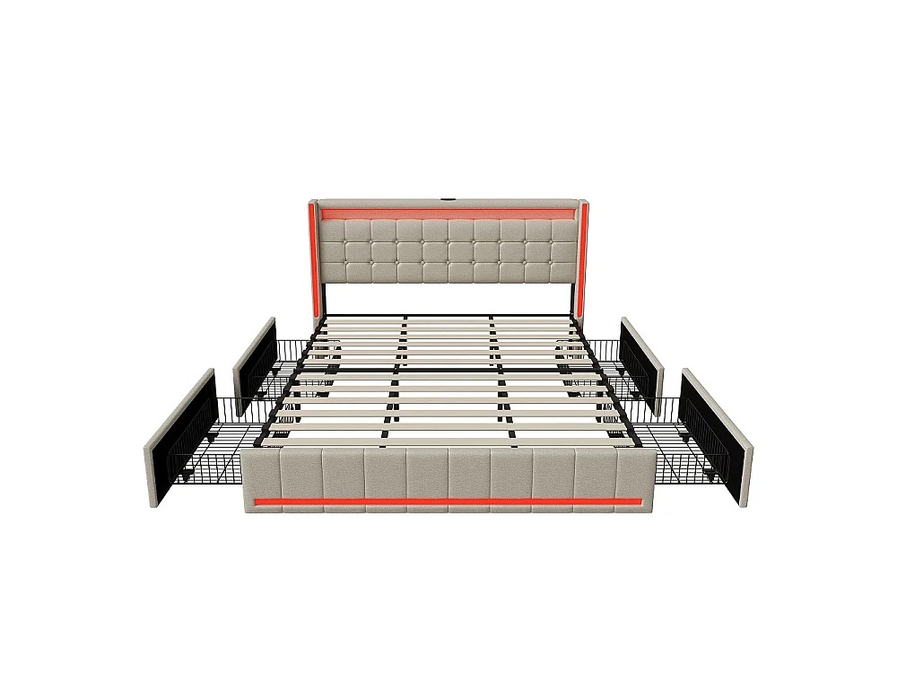 Cama doble 180x200 cm con 4 cajones, iluminación LED RGB, puertos USB, tela de lino beige, estructura metálica y somier de lamas
