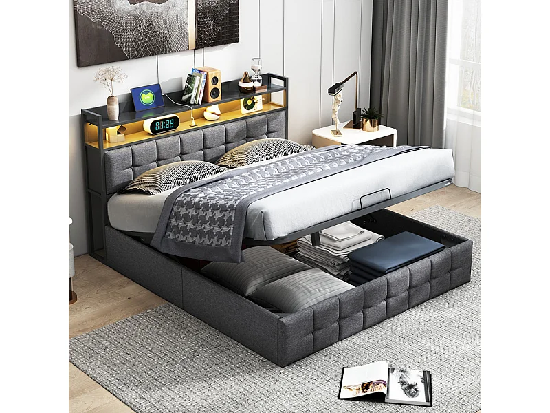 Lit Double 160x200cm Gris Hydraulique avec LED RGB et Prise USB - Rangement Coffre - Tissu Lin Moderne avec Sommier