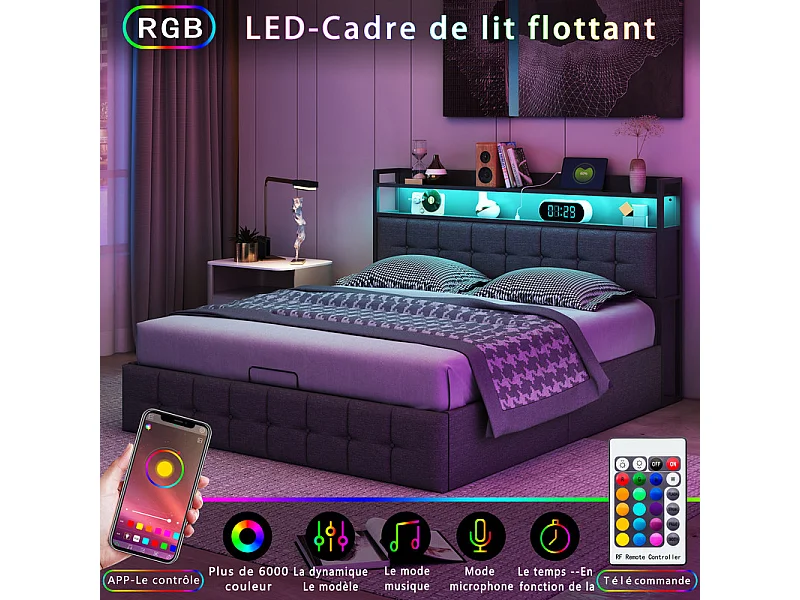 Lit Double 160x200cm Gris Hydraulique avec LED RGB et Prise USB - Rangement Coffre - Tissu Lin Moderne avec Sommier
