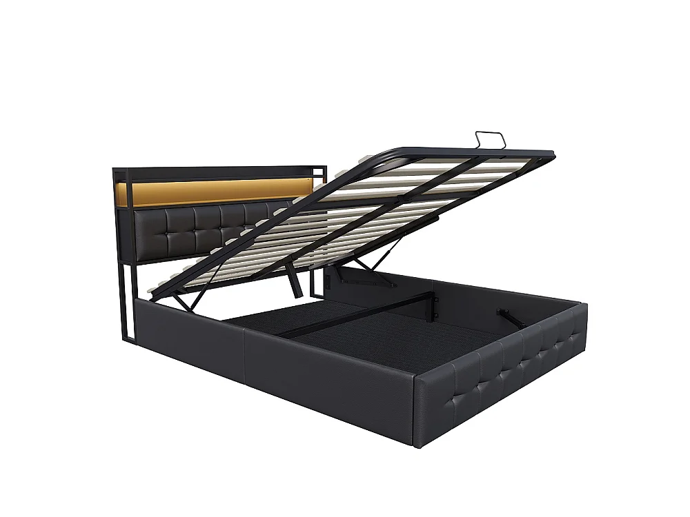 Lit rembourré 160x200 cm - Lit de rangement ascenseur avec tête LED et USB, lit double avec lame en bois hydraulique - Faux cuir tufted - noir