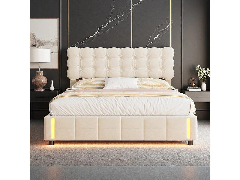 Lit Double 160x200cm Lit Coffre Hydraulique avec Lumière à Induction et Tête de Lit Velours Beige - Stockage Intelligent, Design Moderne