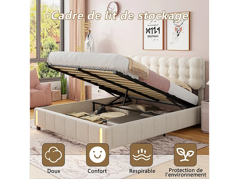 Lit Double 160x200cm Lit Coffre Hydraulique avec Lumière à Induction et Tête de Lit Velours Beige - Stockage Intelligent, Design Moderne