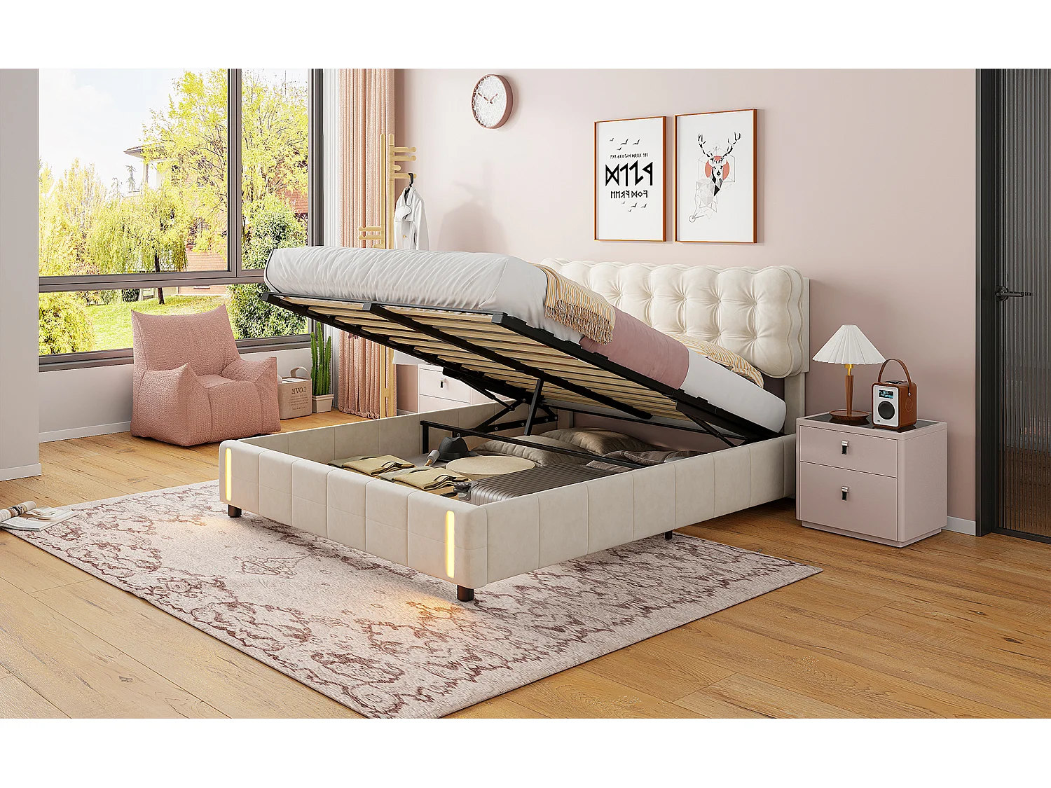 Łóżko z pojemnikiem 160x200 cm beżowy aksamit z hydraulicznym systemem otwierania i automatycznym oświetleniem LED, rama MDF i solidne drewno