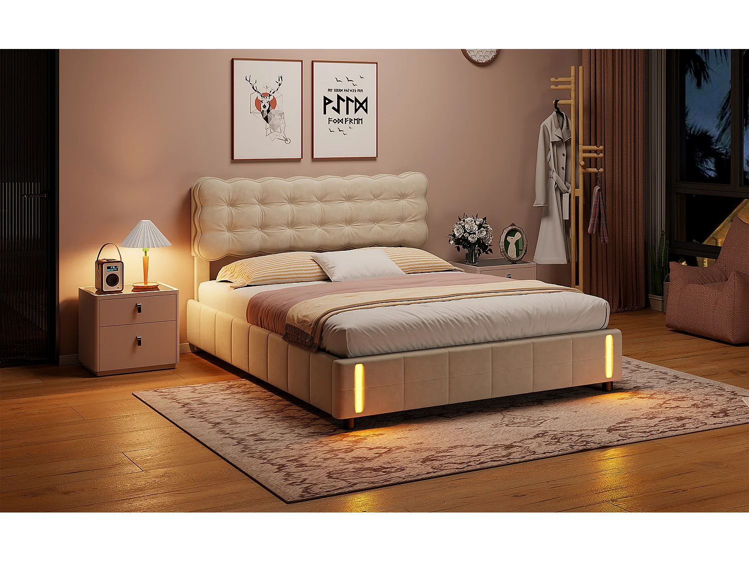 Łóżko z pojemnikiem 160x200 cm beżowy aksamit z hydraulicznym systemem otwierania i automatycznym oświetleniem LED, rama MDF i solidne drewno